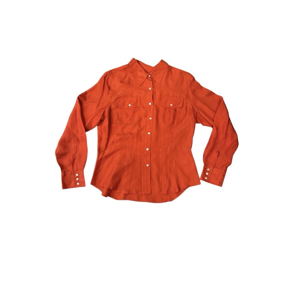 Tommy Hilfiger 100% Silk Burnt Orange Button Front Collared Blouse Shirt Size 12